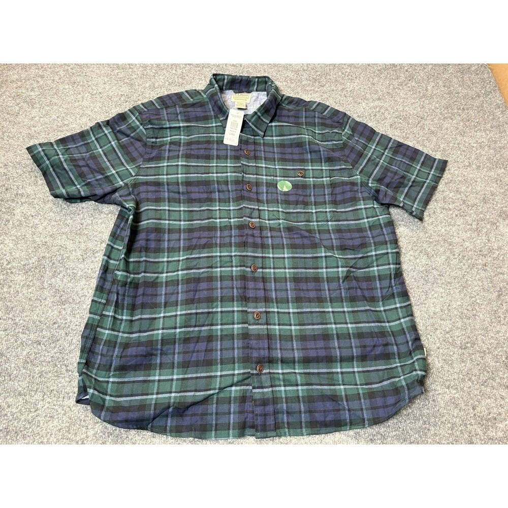L.L. Bean Shirt Mens L Green Blue Plaid Short Sleeve Stretch Flannel Button-Up